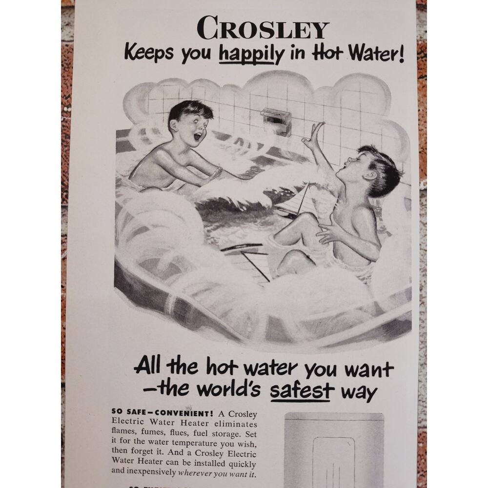 1950 Drawing of Boys Splashing in Bathtub‎ Crosley Hot Water Heater Vtg Print Ad